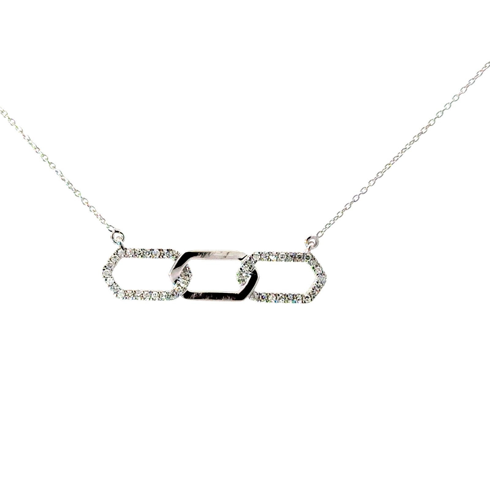 .jpg 10kt white gold tripple link diamond and shiny bar necklace D tw 0.18cts SI clarity, near colorless H color on link chain 18"