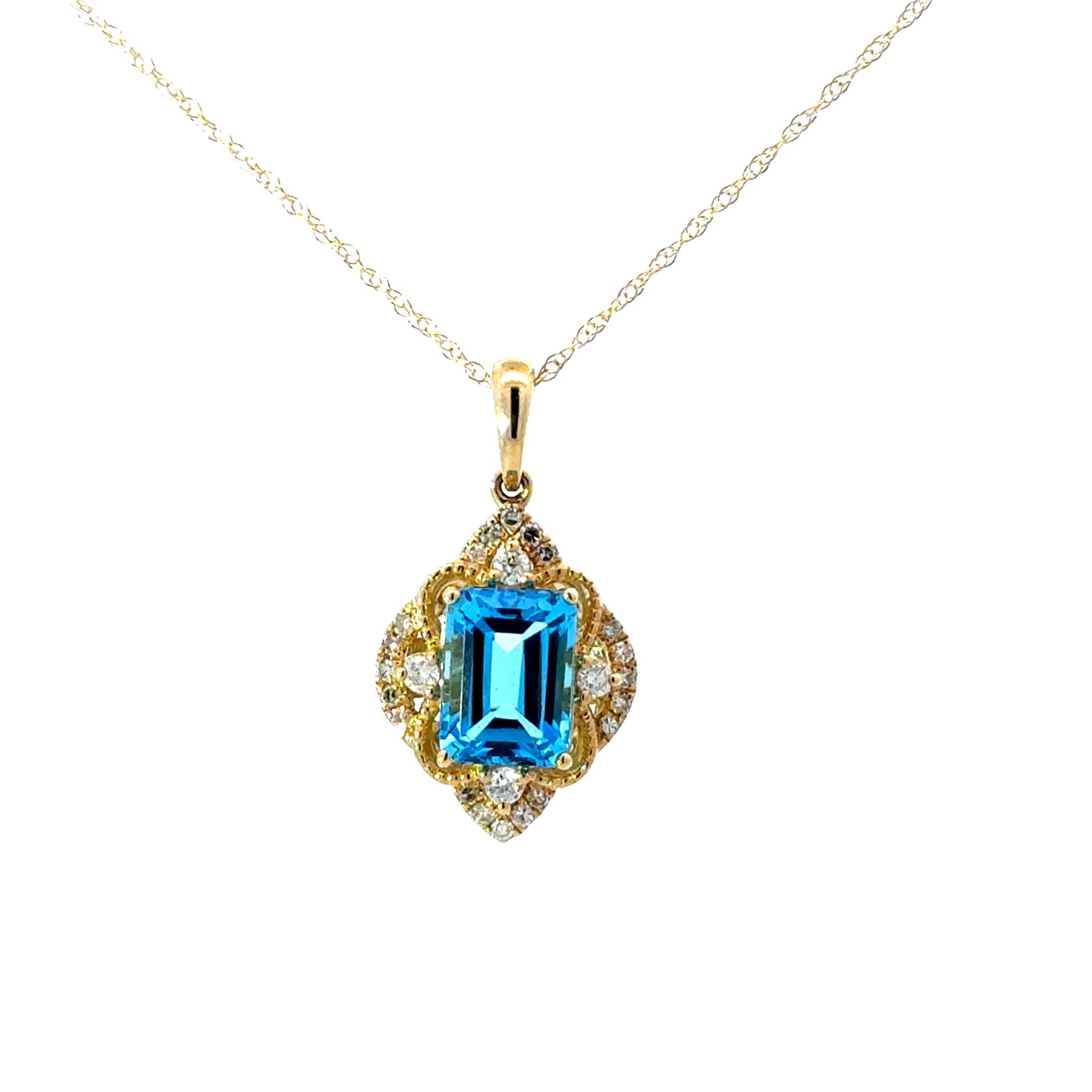 .jpg 10kt yellow gold blue topaz and diamond antique style pendant D tw 0.15cts SI clarity, near colorless H color on machine made rope chain 18"