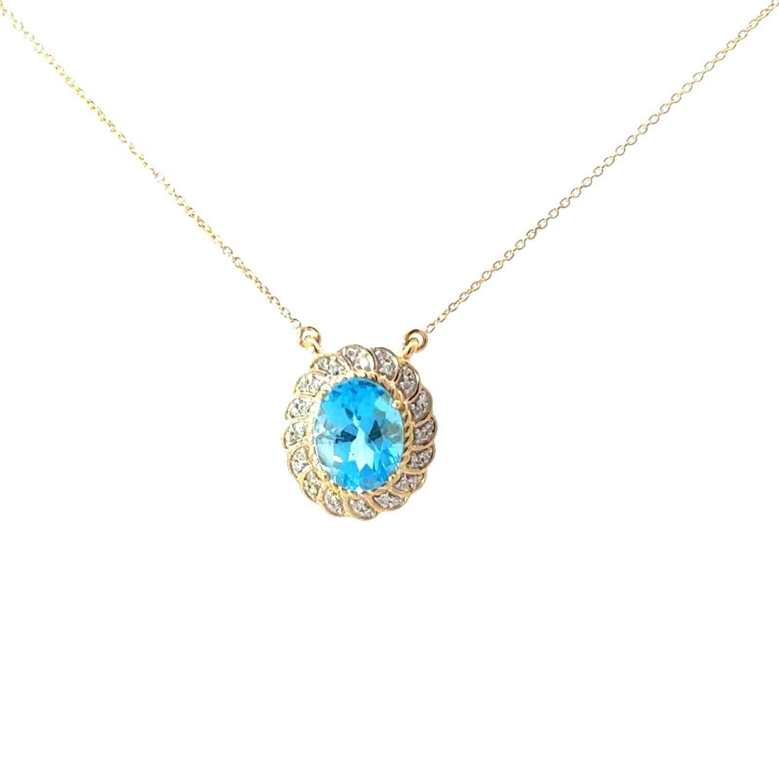 .jpg 10kt yellow gold blue topaz and diamond halo pendant tw 0.12cts SI clarity, near colorless I color on 18" link chain