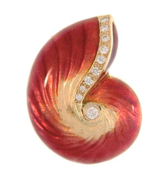 .jpg 18Kt Yellow Gold large Red Glass Enamel Nautilus Shell Pendant with .22TW Diamonds, Enhancer Bail