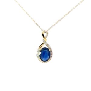 10kt yellow gold genuine sapphire and diamond twisted pendant D tw 0.10cts SI clarity, near colorless J color on machine made rope 18"
