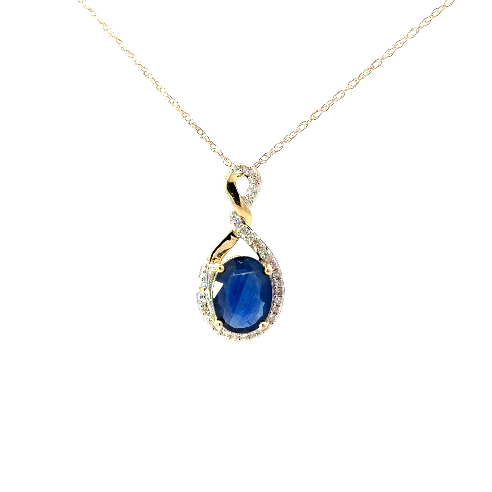 .jpg 10kt yellow gold genuine sapphire and diamond twisted pendant D tw 0.10cts SI clarity, near colorless J color on machine made rope 18"