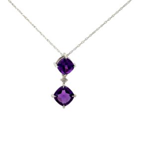 10kt white gold diamond drop genuine amethyst pendant on machine made rope 18"