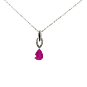 10kt white gold diamond and genuine ruby fashion pendant D tw 0.05cts I1 clarity, near color J color on machine made rope 18"