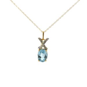 10kt yellow gold genuine aqumarine and diamond X pendant D tw 0.08cts SI clarity, near colorless I color on machine made rope 18"