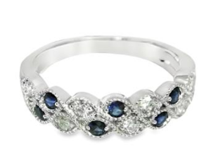 10kt white gold diamond and sapphire double row band with milgrain edge S tw 0.25cts D tw 0.23cts SI, near colorless G/H color