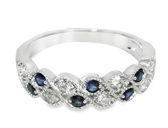 .png 10kt white gold diamond and sapphire double row band with milgrain edge S tw 0.25cts D tw 0.23cts SI, near colorless G/H color