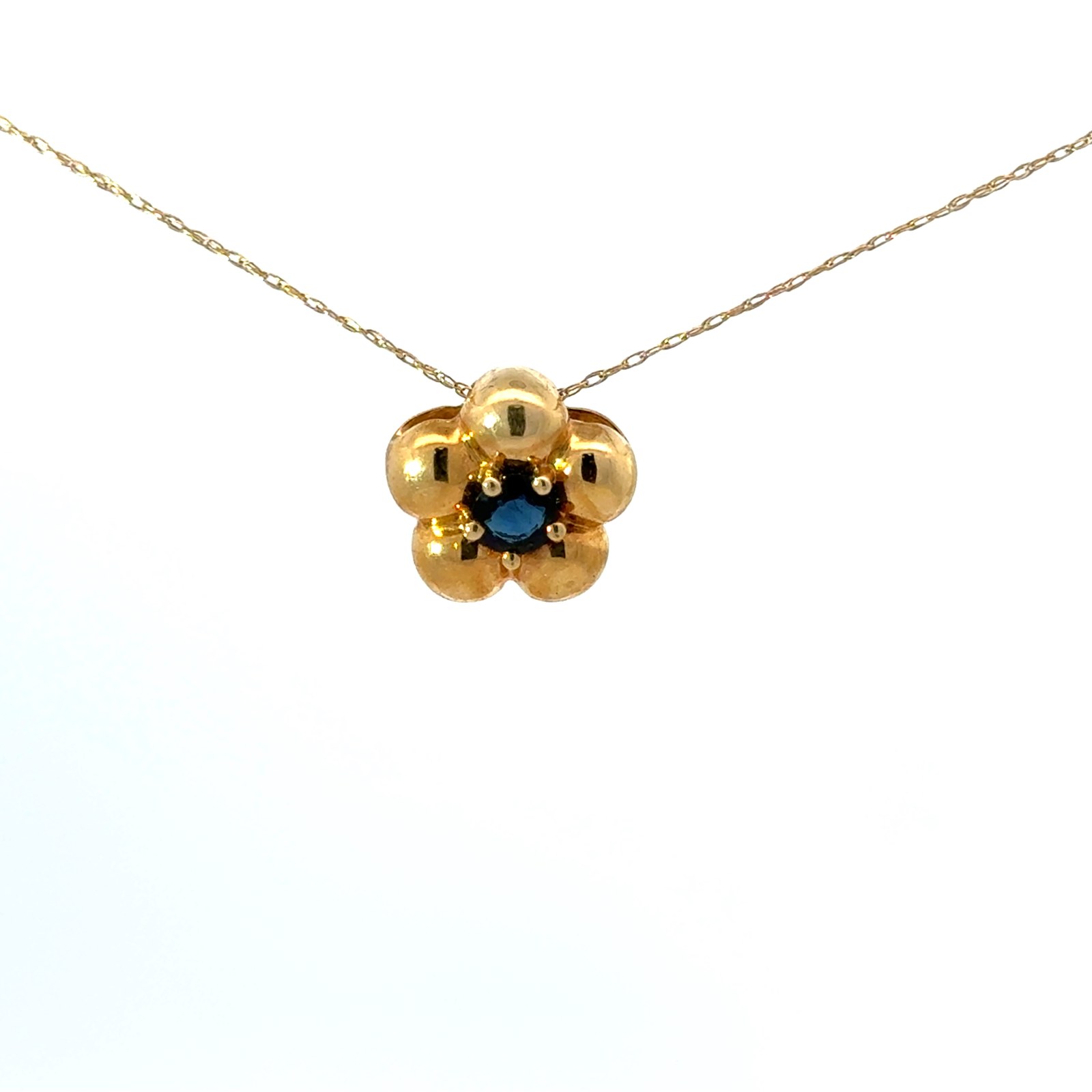 D 14KT SAPPHIRE FLOWER PENDANT ONLY MACHINE MADE ROPE 18" S TW 0.90