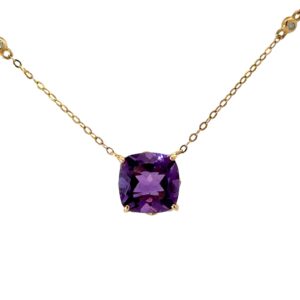 10kt yellow gold genuine amethyst and diamond cushion pendant with diamond by yard necklace