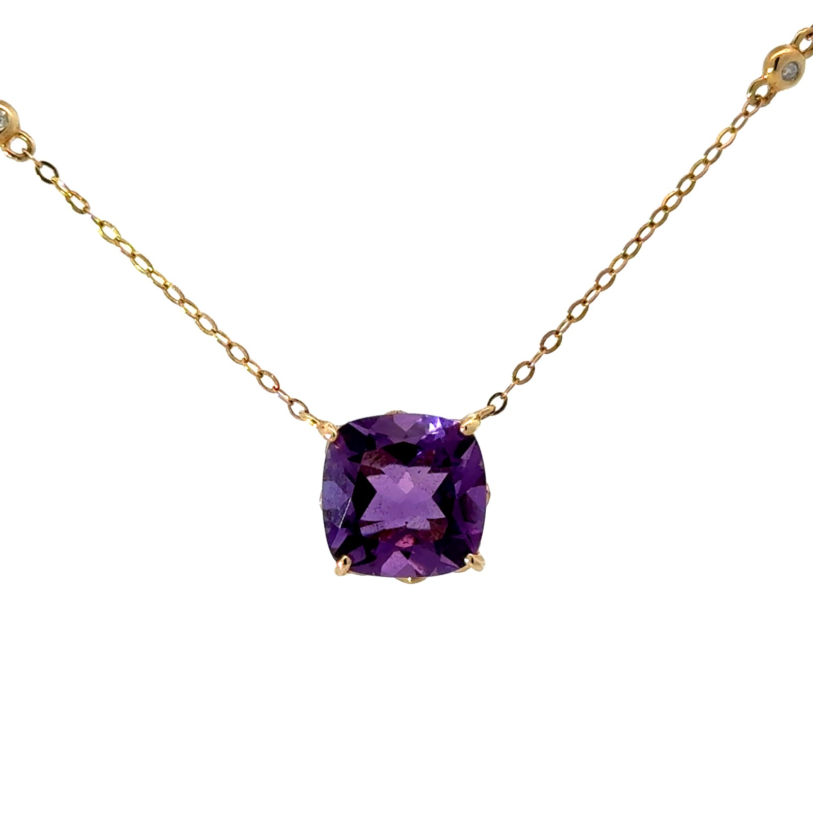 .jpg 10kt yellow gold genuine amethyst and diamond cushion pendant with diamond by yard necklace