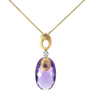 14kt y/g 2 tone amethyst dia pend genuine amethyst 8.70 ct, 1 rd diamond tw 0.03 pts si1/h