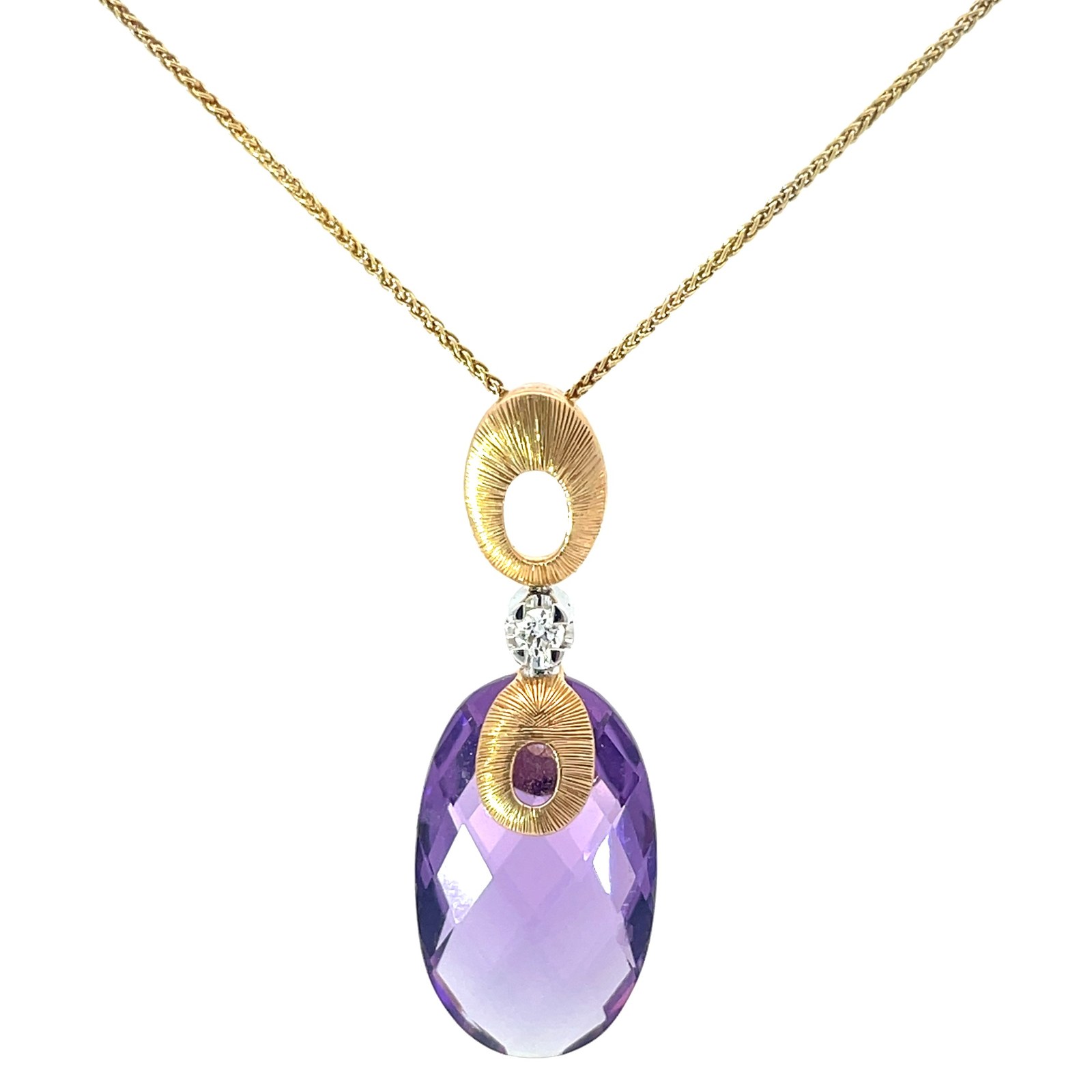 A 14kt y/g 2 tone amethyst dia pend genuine amethyst 8.70 ct, 1 rd diamond tw 0.03 pts si1/h