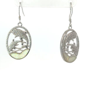 Sterling Silver rhodium plated created white opal inlay and cubic zirconia double dolphine dangle earring