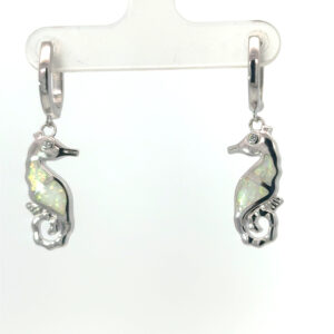 Sterling Silver rhodium plated dangle created white opal inlay seahorse earring