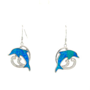 Sterling Silver rhodium plated created blue opal inlay jumping dolphin dangle earring on fish hook