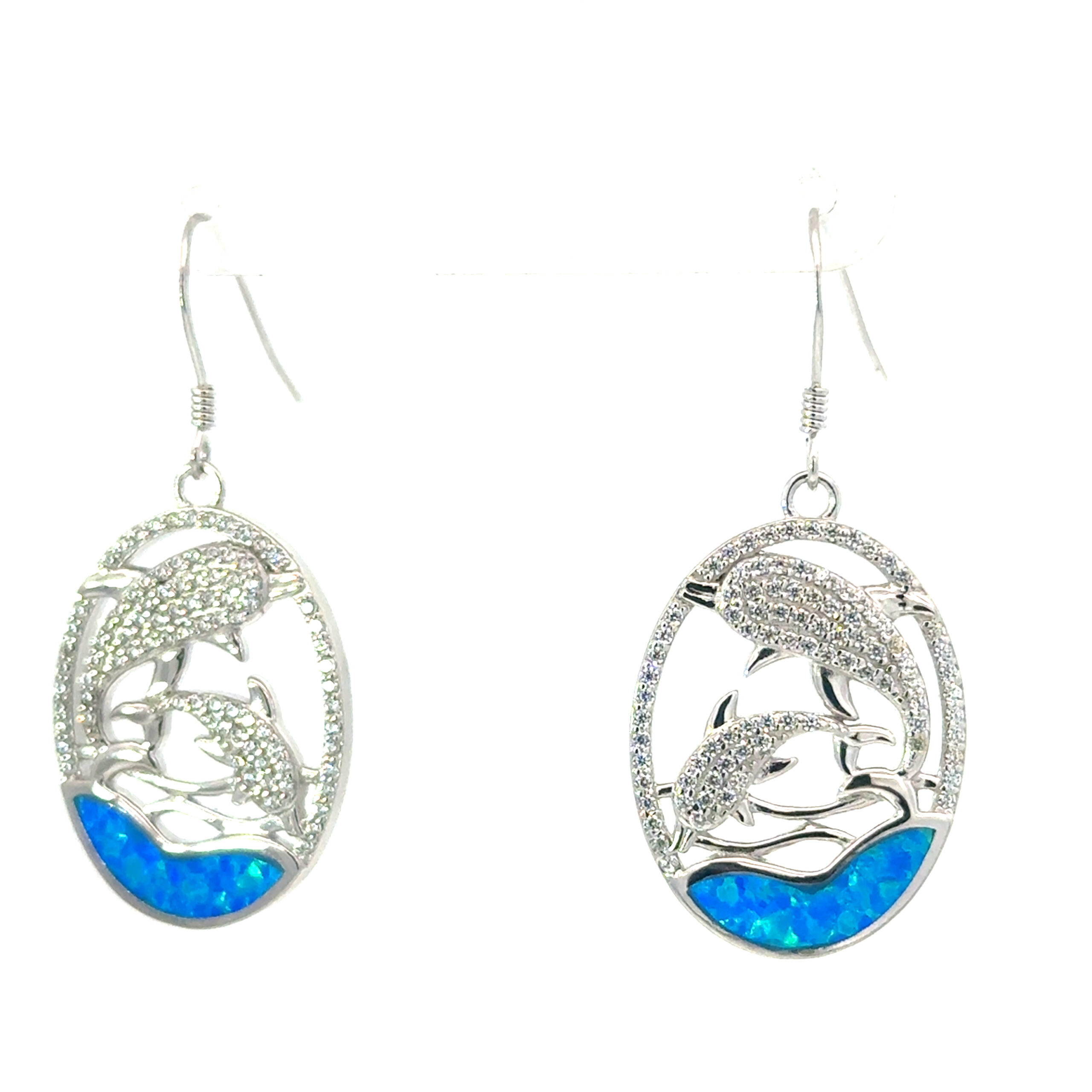 ddaca scaled .jpg Sterling Silver rhodium plated created blue opal inlay double dolphin cubic zirconia dangle earring