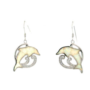 Sterling Silver rhodium plated created white opal inlay and cubic zirconia jumping dolphin earring