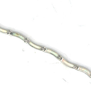 Sterling Silver rhodium plated created white opal inlay wave bracele with claw catch closure