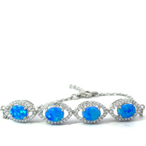 Sterling Silver rhodium plated created blue opal inlay marquis shape halo adjustable bracelet