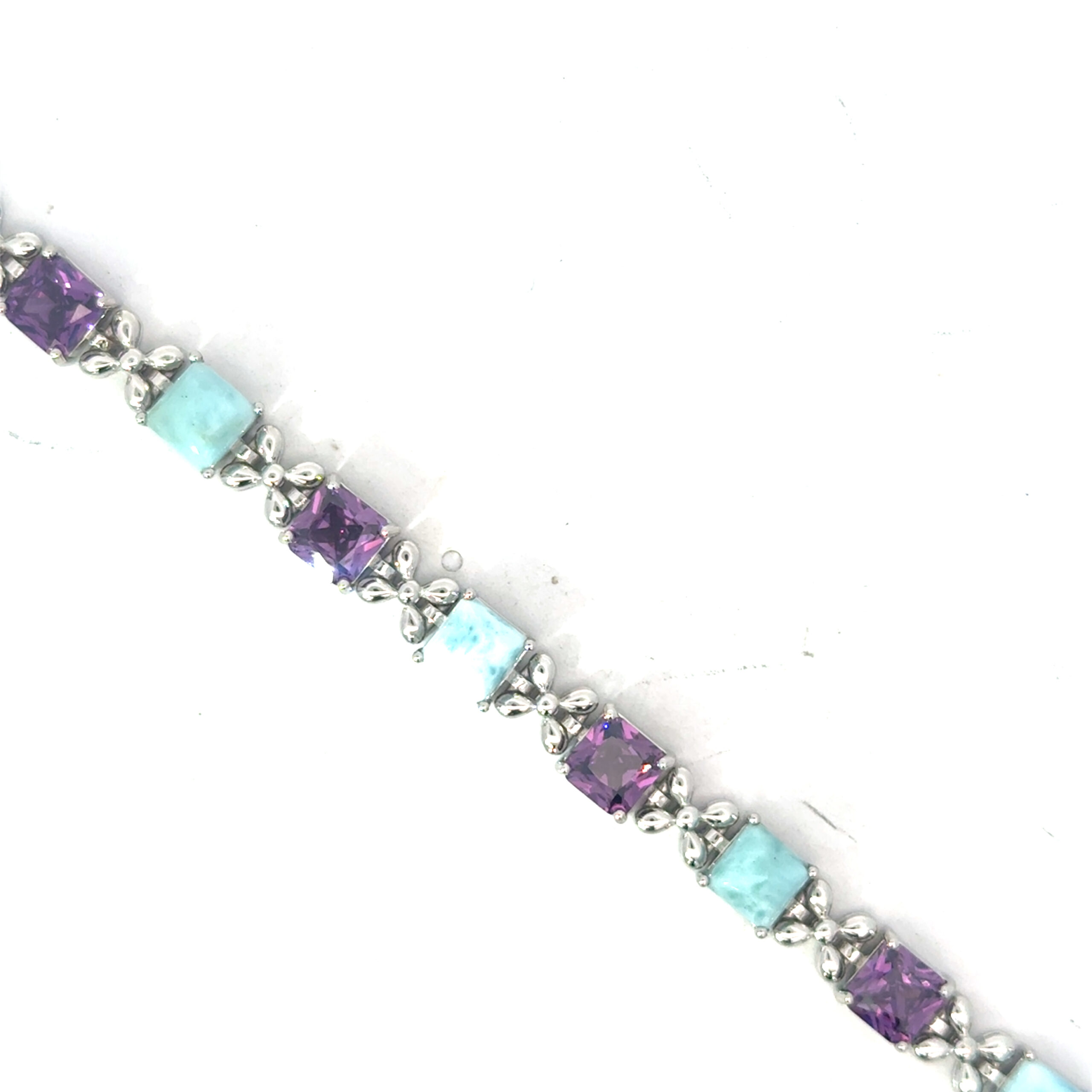 ff scaled .jpg Sterling Silver rhodium plated genuine larimar and purple cz bracelet with claw catch closure