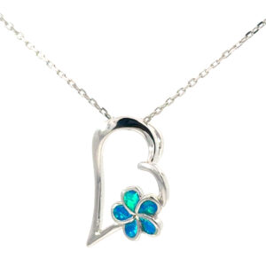 Sterling Silver rhodium plated created blue opal double heart pendant on 1.2mm diamond cut cable chain 18"