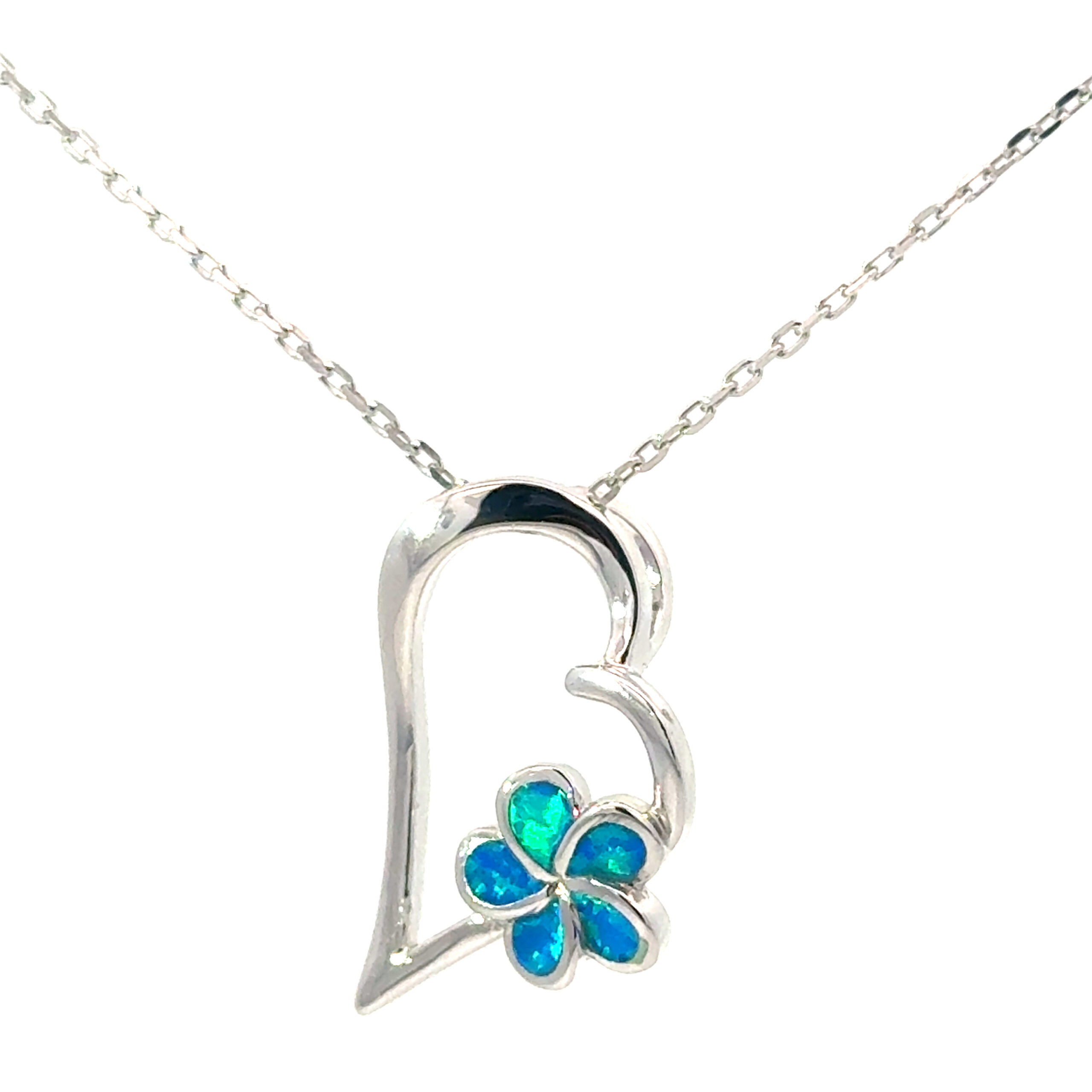 efb scaled .jpg Sterling Silver rhodium plated created blue opal double heart pendant on 1.2mm diamond cut cable chain 18"