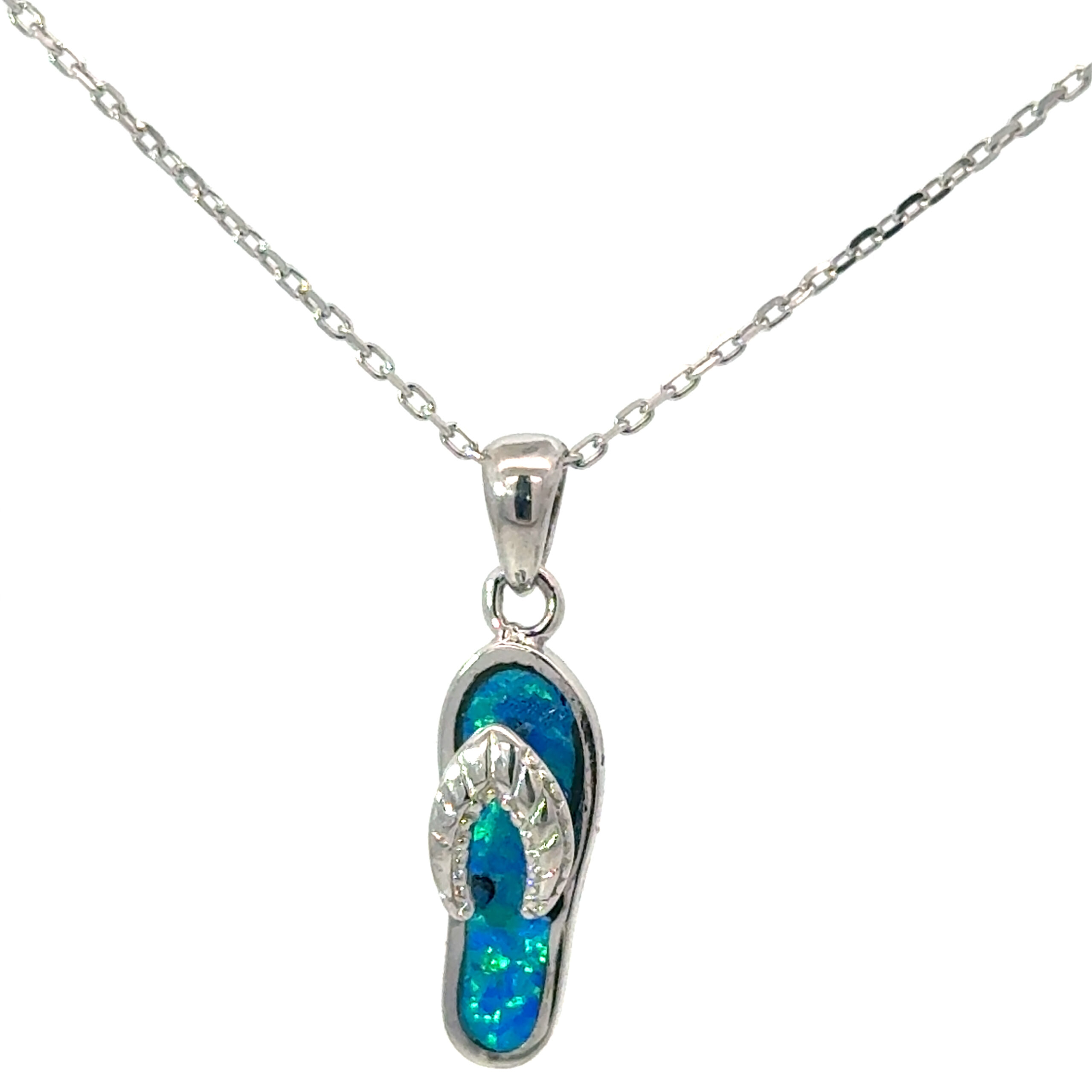 bcc scaled .jpg Sterling Silver Rhodium plated created bue opal flip flip pendant on 1.2mm diamond cut cable chain 18"