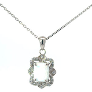 Sterling Silver rhodium plated created white opal antique style pendant on 1.2mm diamond cut cable chain 18"