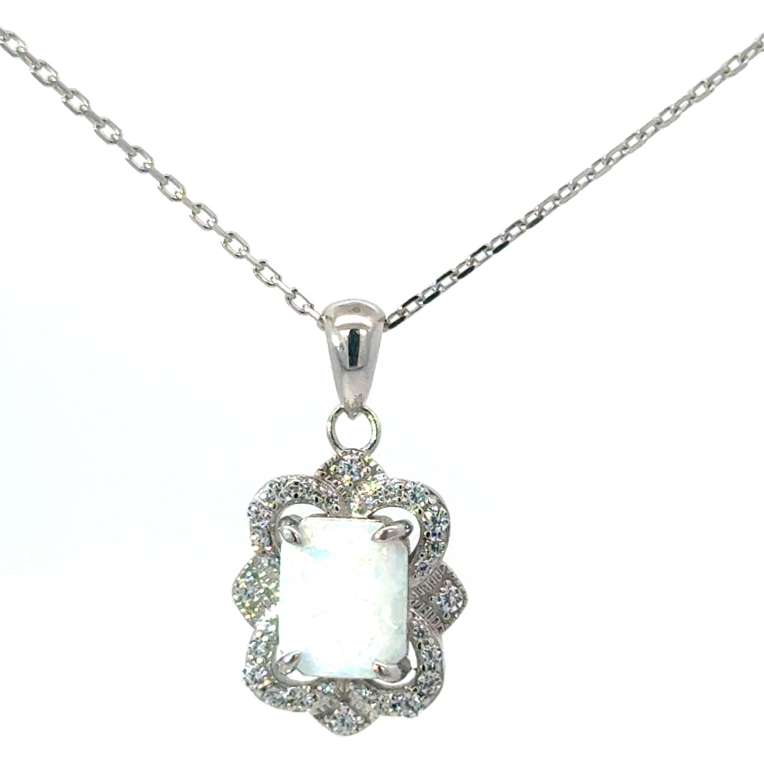cda scaled .jpg Sterling Silver rhodium plated created white opal antique style pendant on 1.2mm diamond cut cable chain 18"