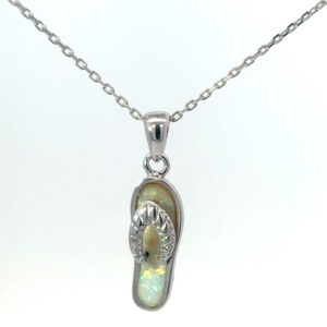 Sterling Silver rhodium plated created white opal flip flop pendant on 1.2mm diamond cut cable chain 18"