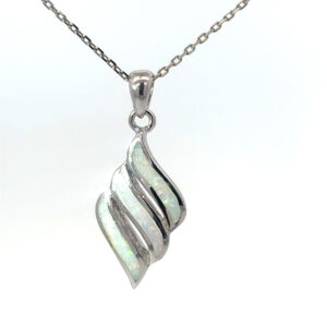 Sterling Silver rhodium plated created white opal wave necklace on 1.2mm diamond cut cable chain 18"