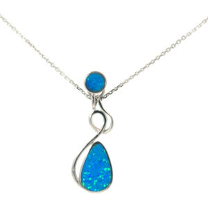 Sterling Silver rhodium plated created blue opal fashion drop pendant on 1.4mm diamond cut cable chain 18"