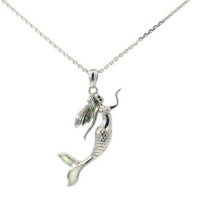 Sterling Silver rhodium plated created white opal mermaid pendant on 1.4mm diamond cut cable chain 18"