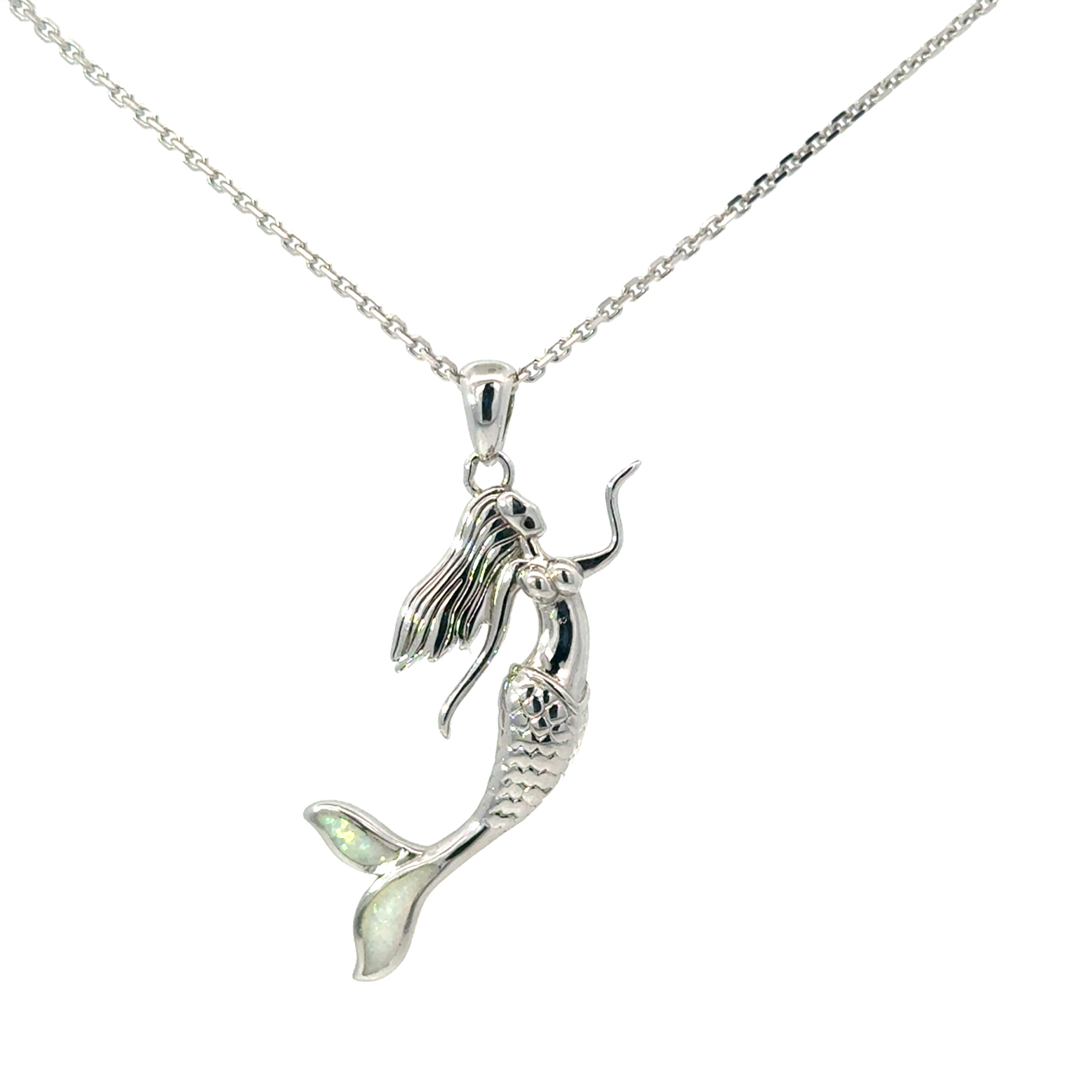 cf scaled .jpg Sterling Silver rhodium plated created white opal mermaid pendant on 1.4mm diamond cut cable chain 18"