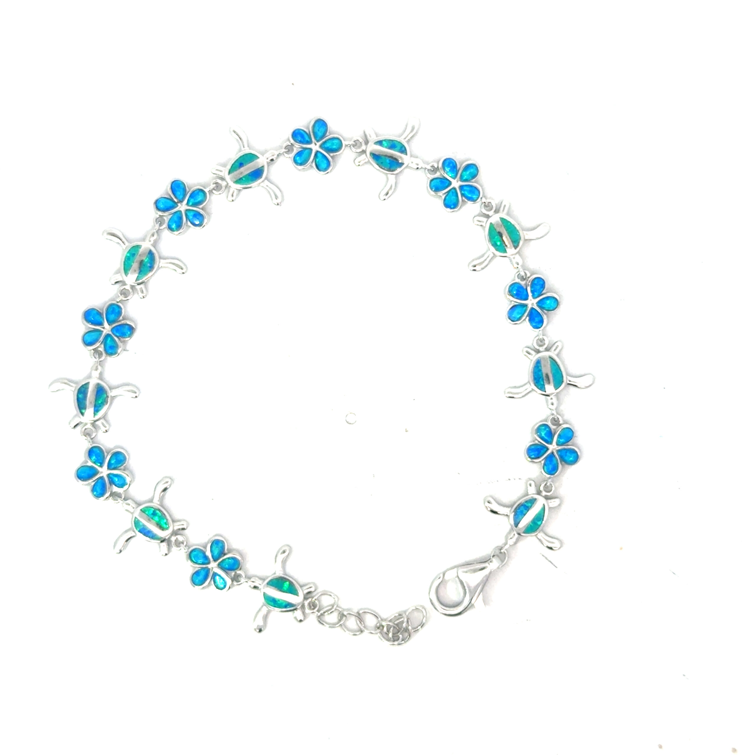 eba scaled .jpg Sterling Silver rhodium plated created blue opal flower and turtle bracelet with claw catch closure
