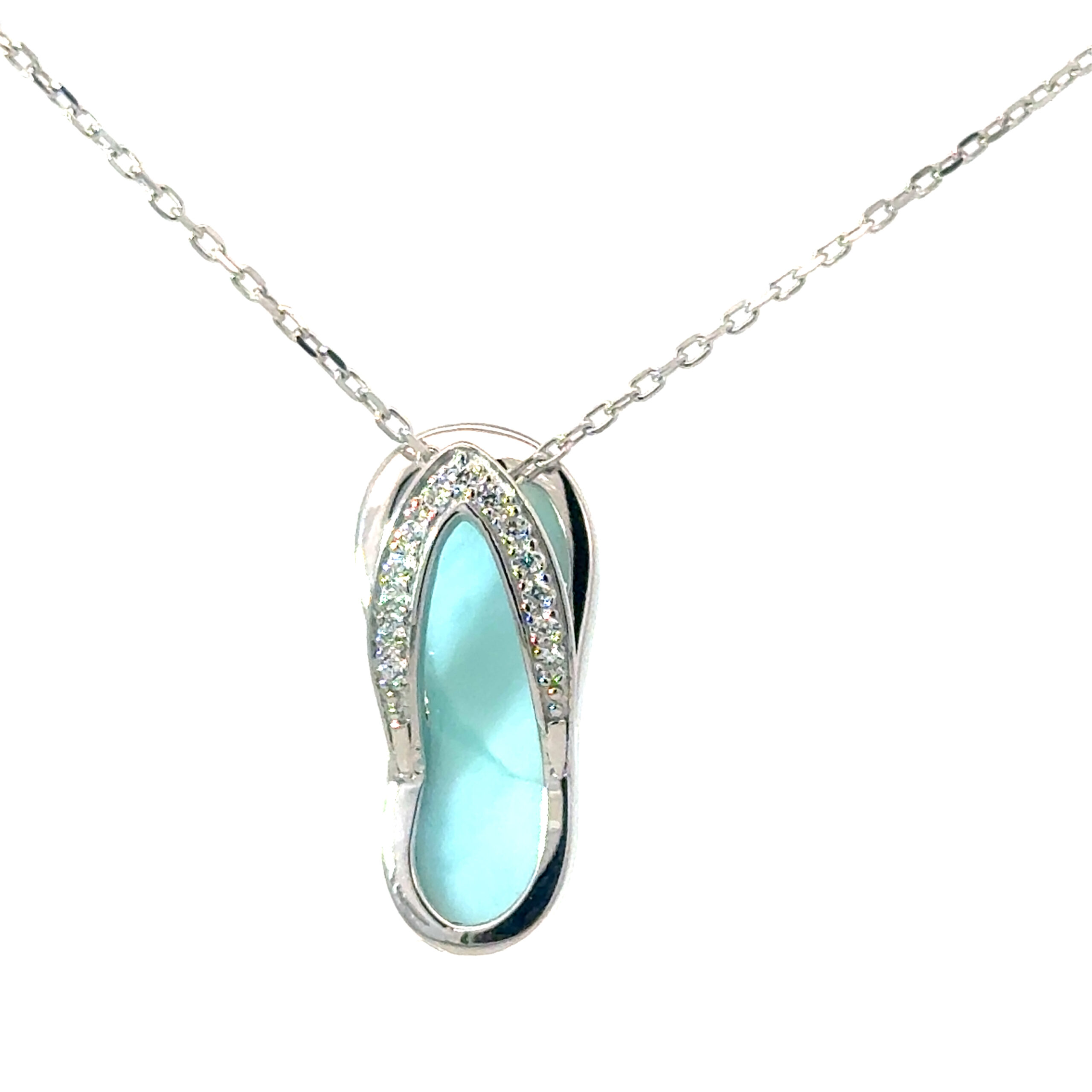 baa scaled .jpg Sterling Silver rhodium plated genunine larimar and cubic zirconia flip flop pendant on 1.2mm diamond cut cable 18"