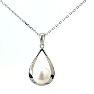 Sterling Silver rhodium plated white freshwater pearl raindrop pendant on 1.2mm diamond cut cable chain 18"