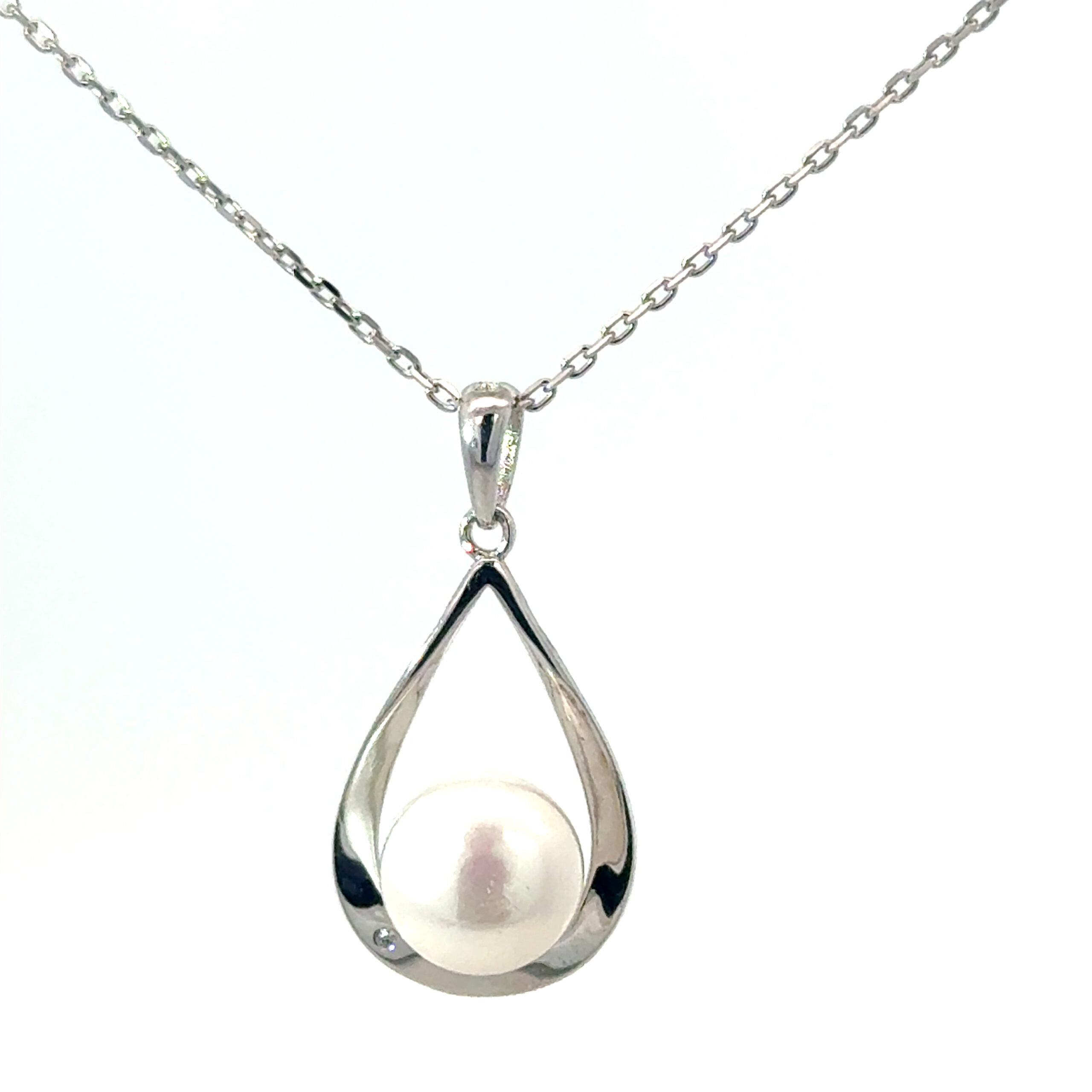bbcb scaled .jpg Sterling Silver rhodium plated white freshwater pearl raindrop pendant on 1.2mm diamond cut cable chain 18"