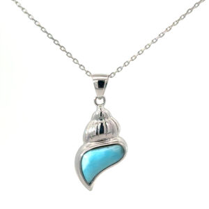 Sterling Silver rhodium plated genuine larimar conch shell pendant on 1.2mm diamond cut cable chain 18"
