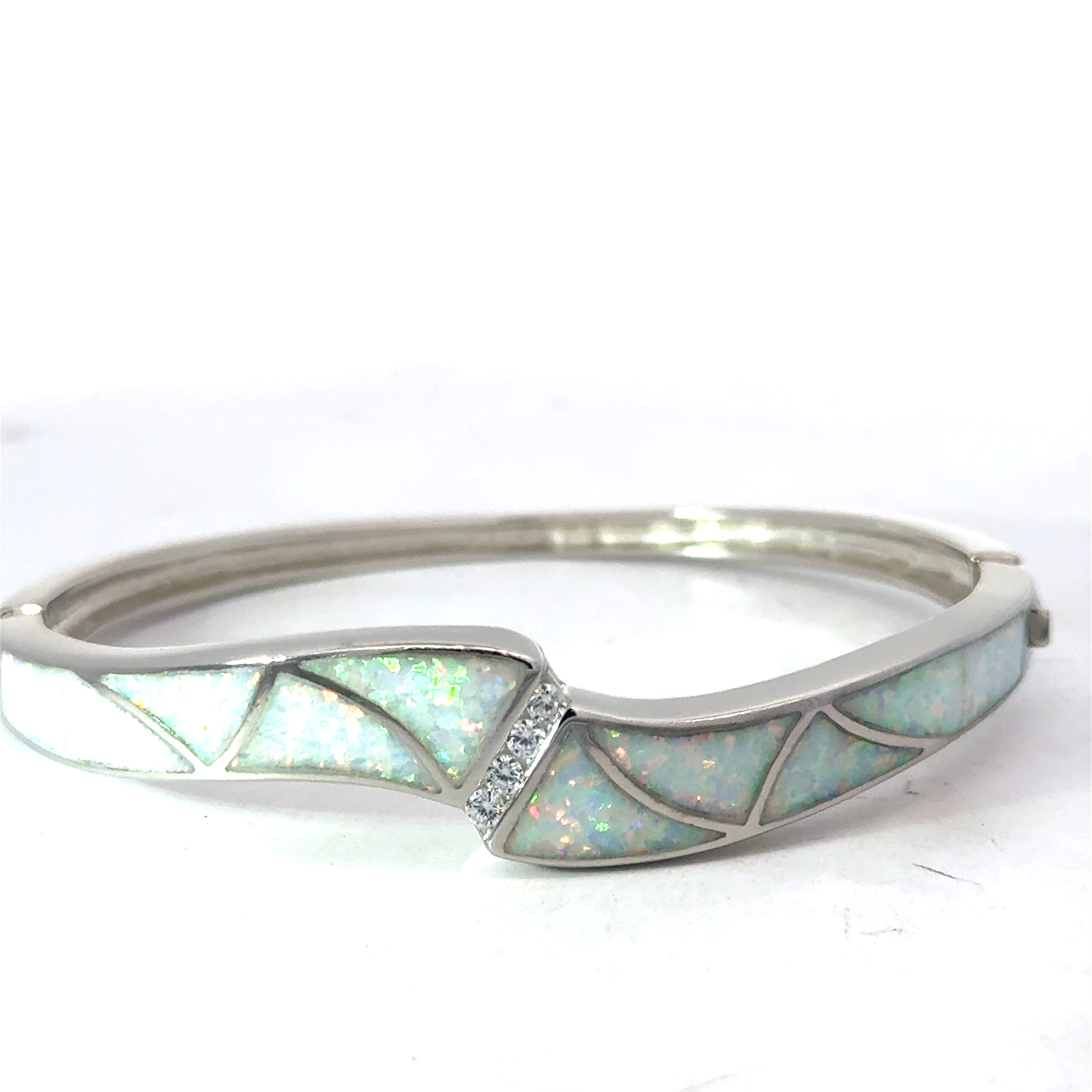 cddb scaled .jpg Sterling Silver rhodium plated created white opal and cubic zirconia bangle bracelet