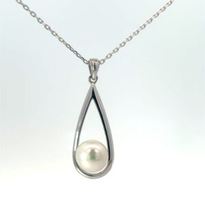 Sterling Silver rhodium plated freshwater white pearl long teardrop pendant on 1.2mm diamond cut cable chain 18"