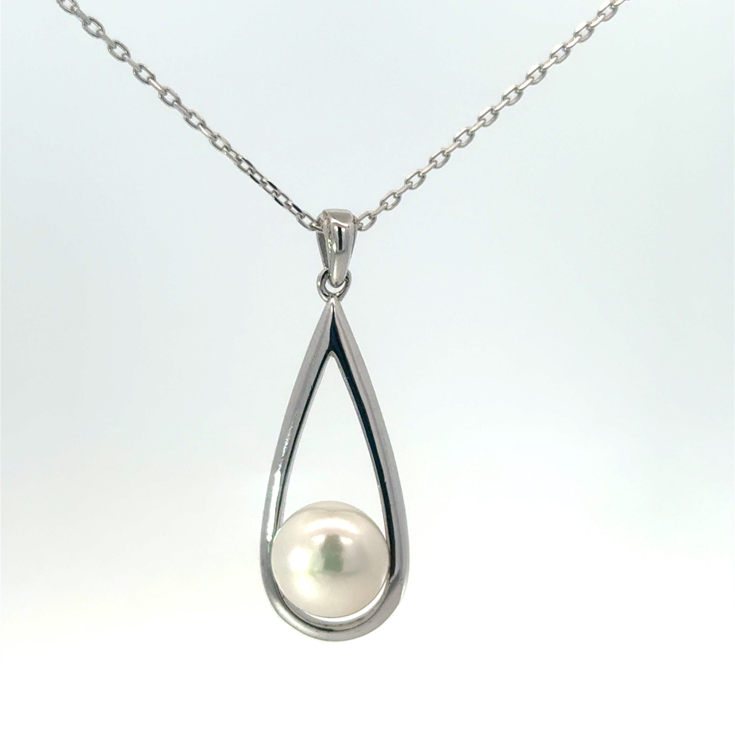 cac scaled .jpg Sterling Silver rhodium plated freshwater white pearl long teardrop pendant on 1.2mm diamond cut cable chain 18"