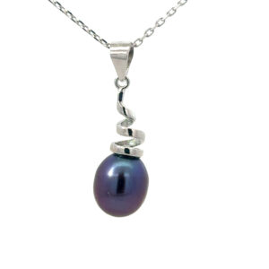 Sterling Silver rhodium plated freshwater black pearl swirl necklace on 1.2mm diamond cut cable chain 18"