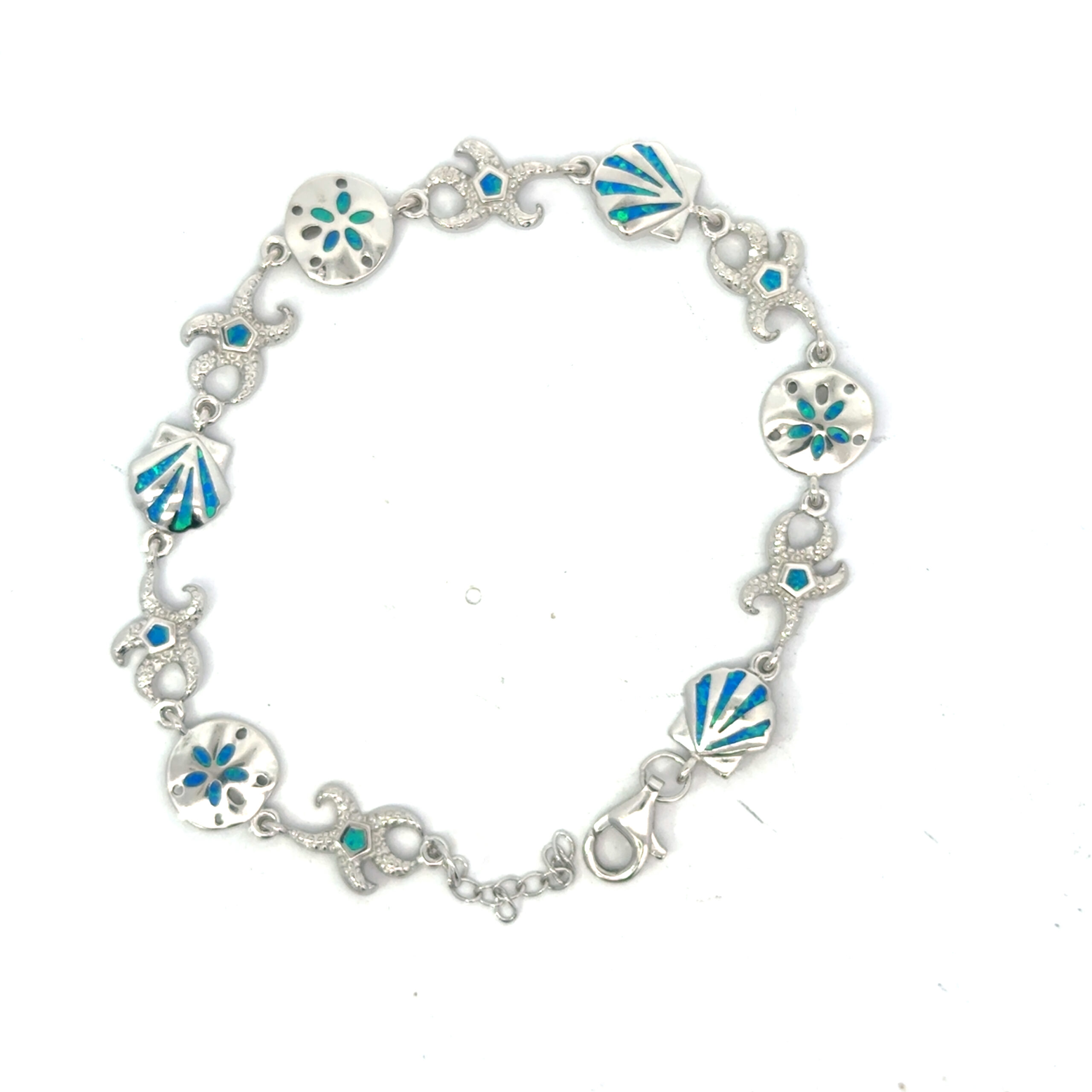 scaled .jpg Sterling Silver created blue opal starfish and sanddollar bracelet with claw catch closure
