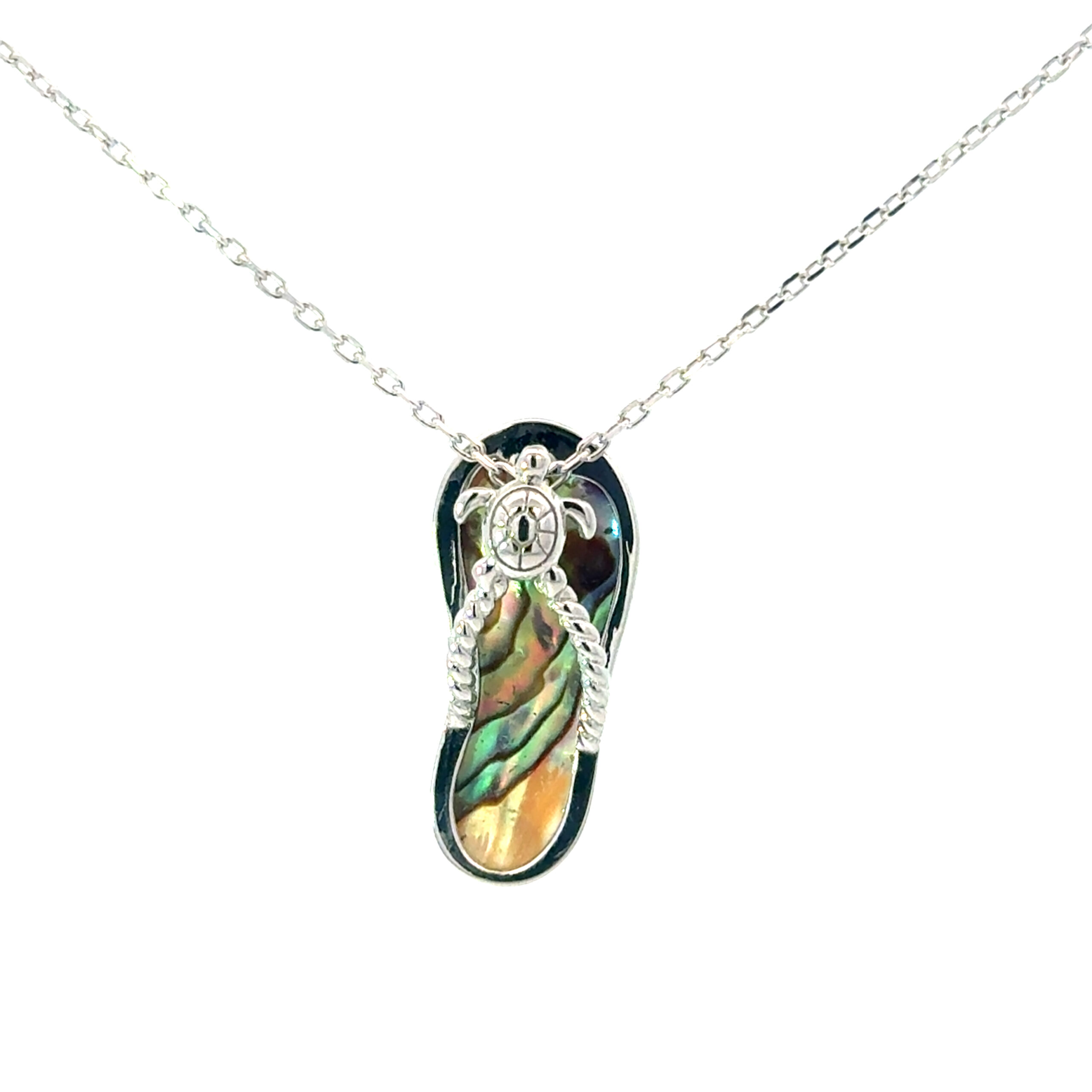 de scaled .jpg Sterling Silver genuine abalone flip flop with turtle on link chain 18"