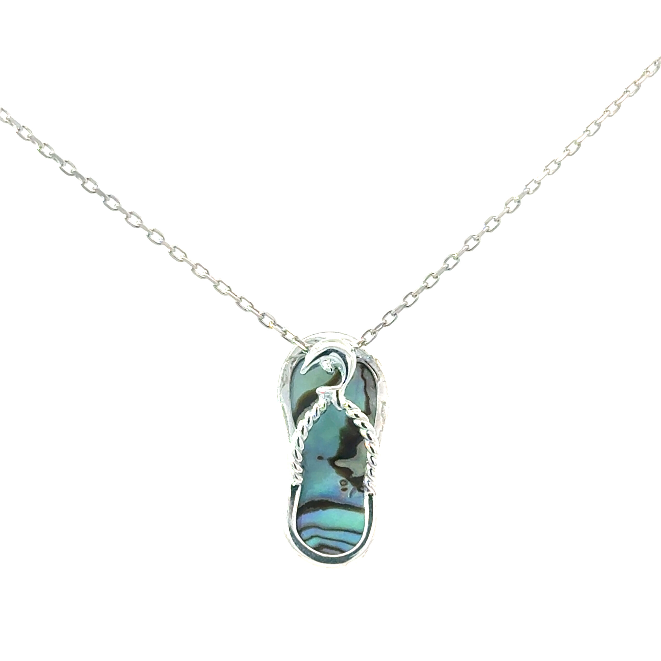 afb scaled .jpg Sterling Silver rhodium plated genuine abalone and dolphin flip flop pendant on 1.2mm diamond cut cable chain