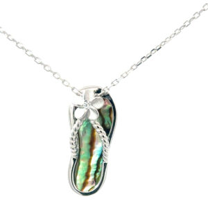 Sterling Silver Rhodium plated genuine abalone plumeria flip flop pendant on 1.2mm diamond cut cable chain 18"