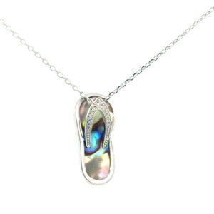 Sterling Silver rhodium plated genuine abalone and cubic zirconia flip fliop pendant on 1.2mm diamond cut cable chain 18"