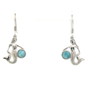 Sterling Silver Rhodium Plated Genuine Larimar Dangle Mermaid Earrings