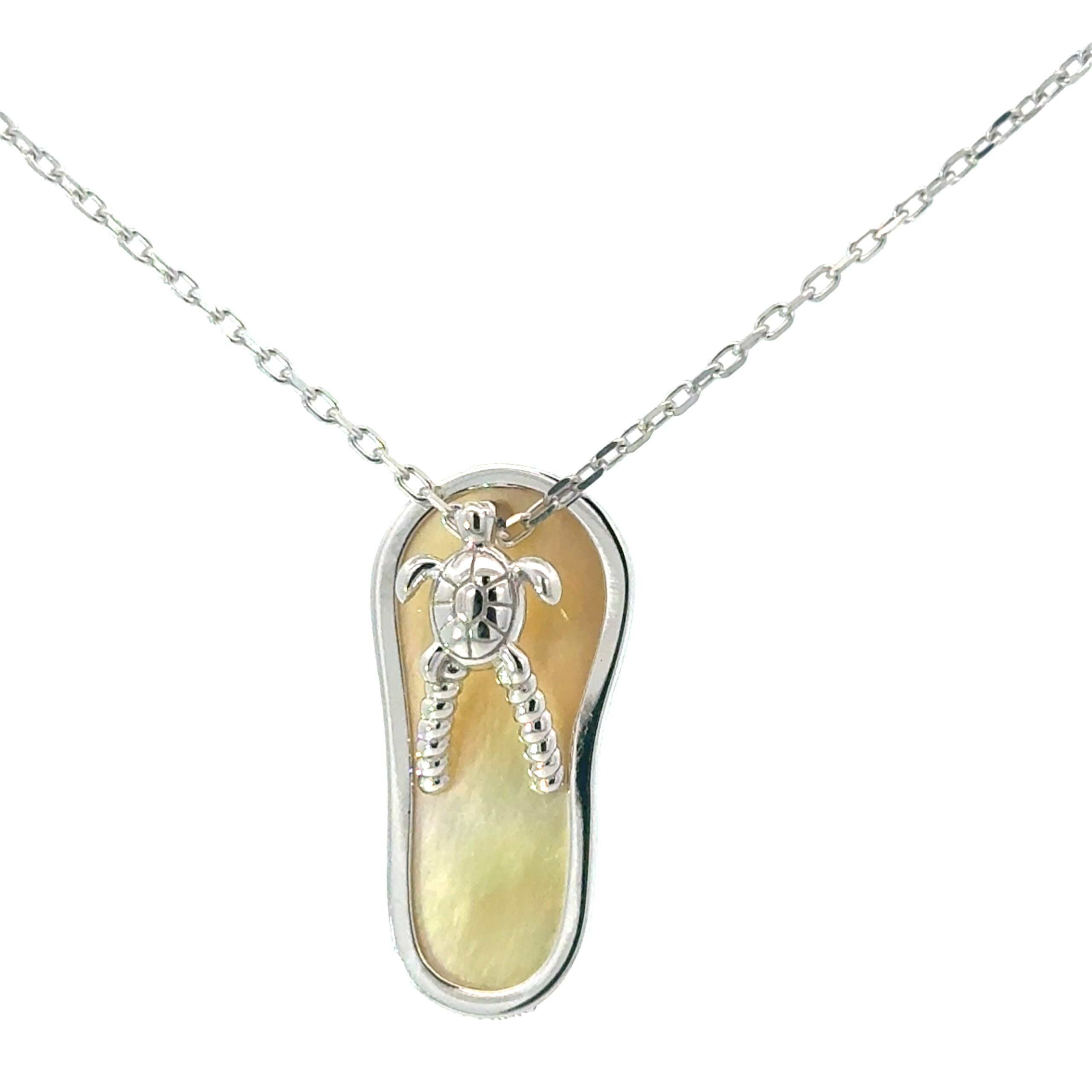 bf scaled .jpg Sterling Silver rhodium plated mother of pearl flip flop turtle pendant on 1.2mm diamond cut cable chain 18"